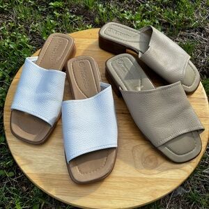 Montego Bay Club White and Taupe Slide Sandals, Sz 7